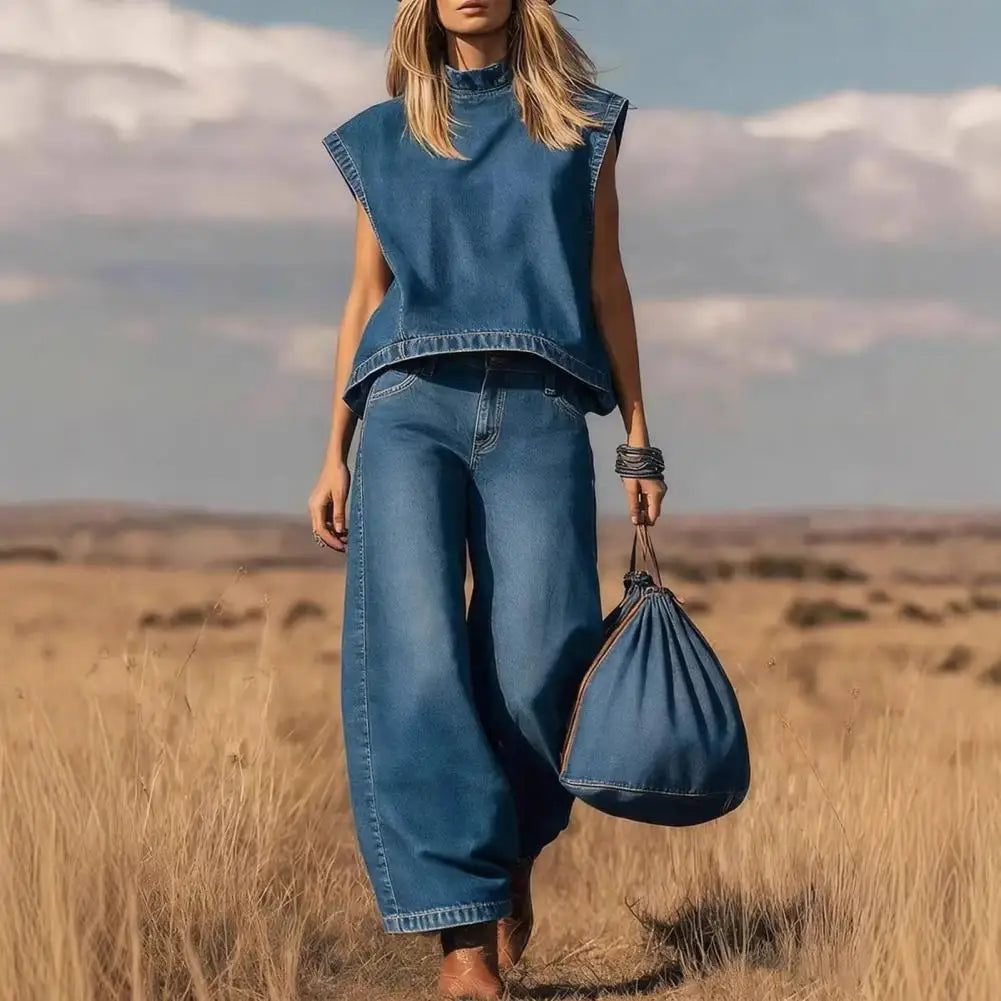 Office Casual Women Outfit Ladies' Summer Vintage Washed Denim Sleeveless Set Straight Leg Casual Pants OL Commuting Set