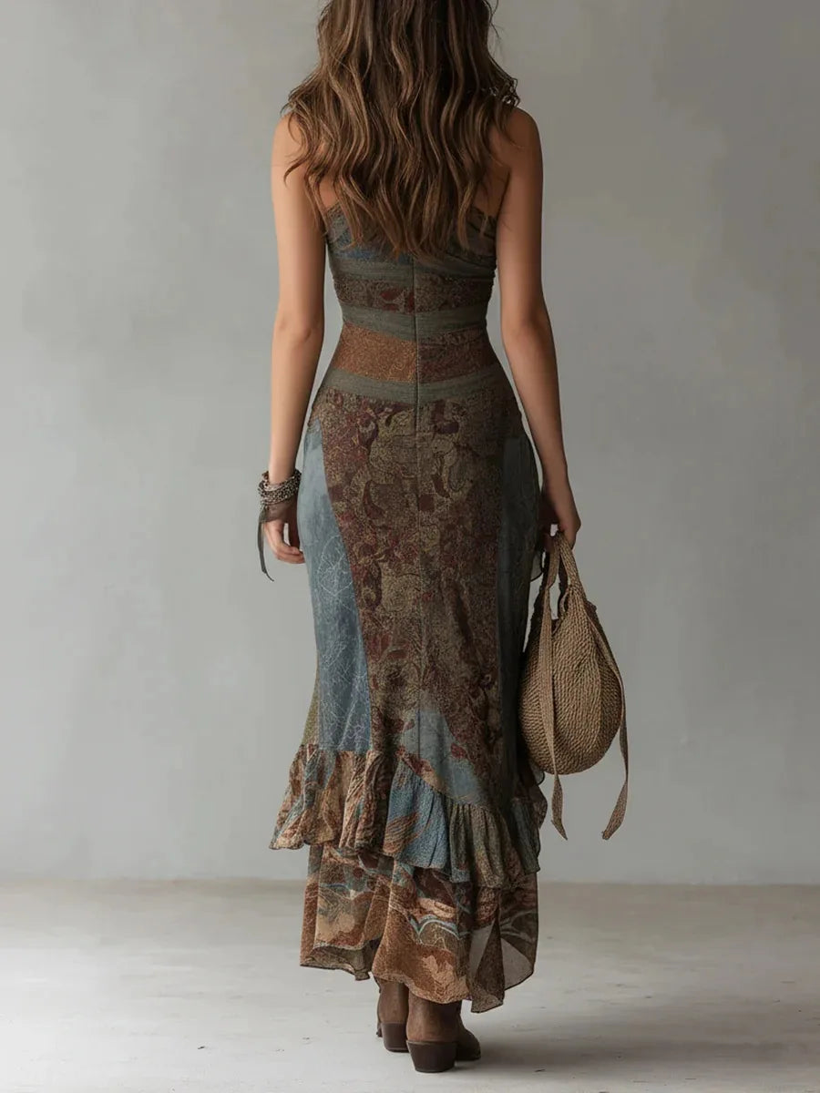 Woman wearing a patterned dress with a neutral background