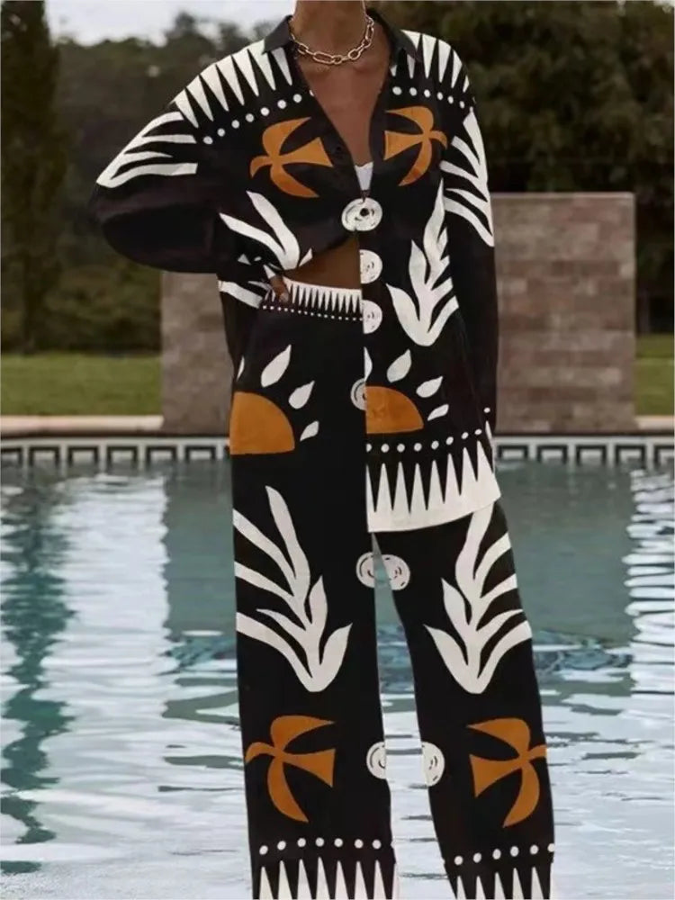 Two Piece Pant Set – Print Shirt and Wide Leg Pants – Broadcloth | KIMLUD