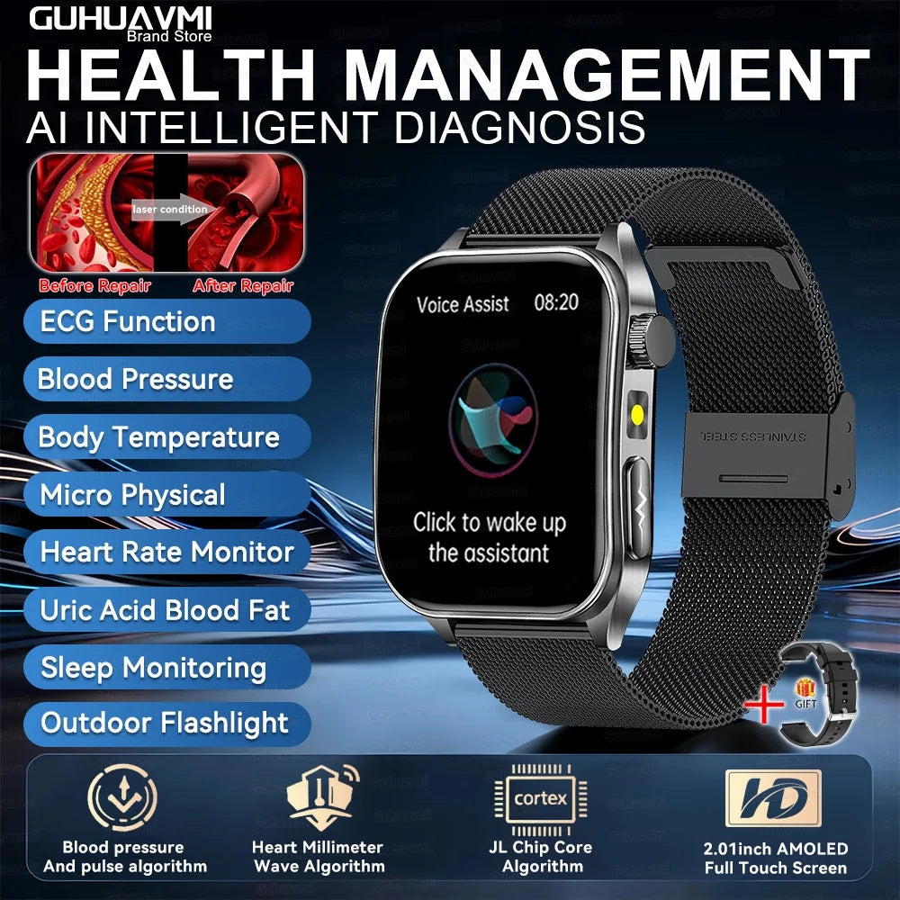 2025Hot AI-GPT Diagosis ECG Health SmartWatch Blood Pressure Lipid Uric Acid 650nm Dual-Probelaser Heart Analysis Smart bracelet
