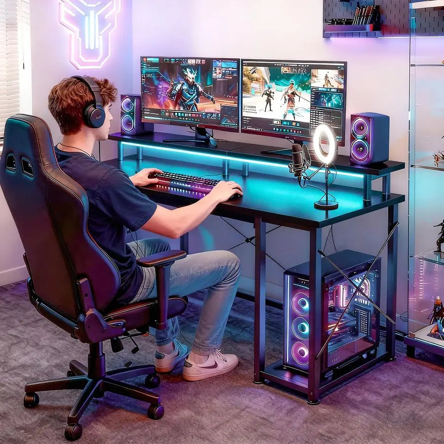 48 inch Gaming Desk with LED Lights amp Power Outlets, Computer Desk with Monitor Stand amp Storage Shelves, CPU Stand, Home Of