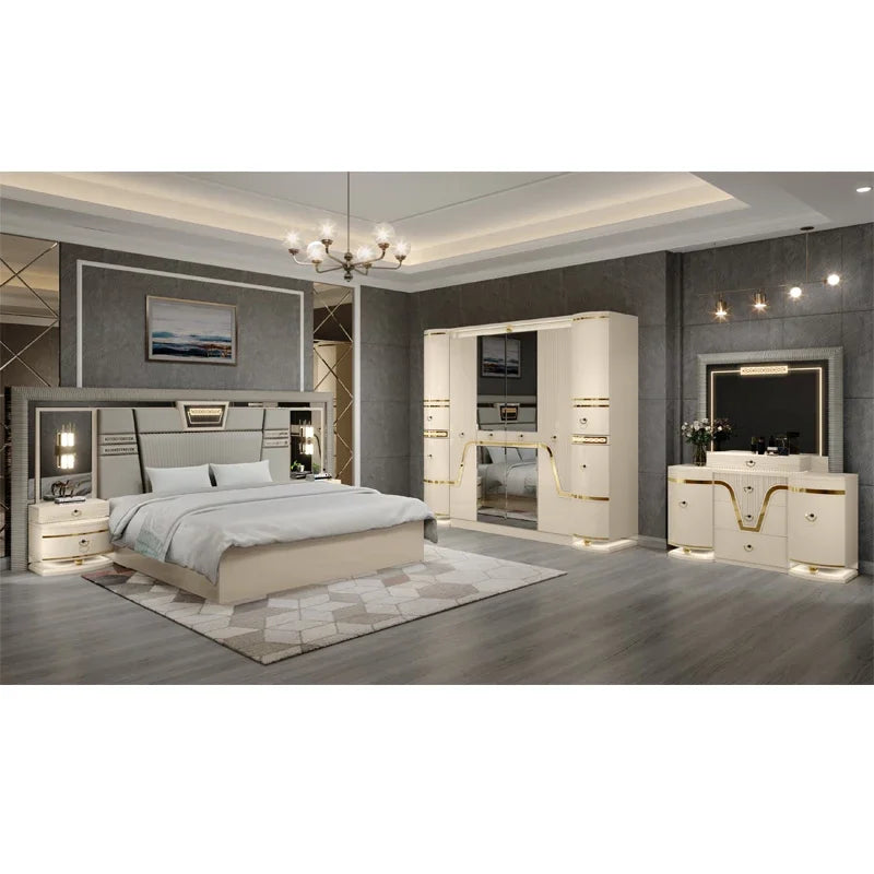 A New Design Modern Wood Double Leather King Size Bed Set Home Master Room Queen Full Wooden Luxury Bedroom Sets Furniture