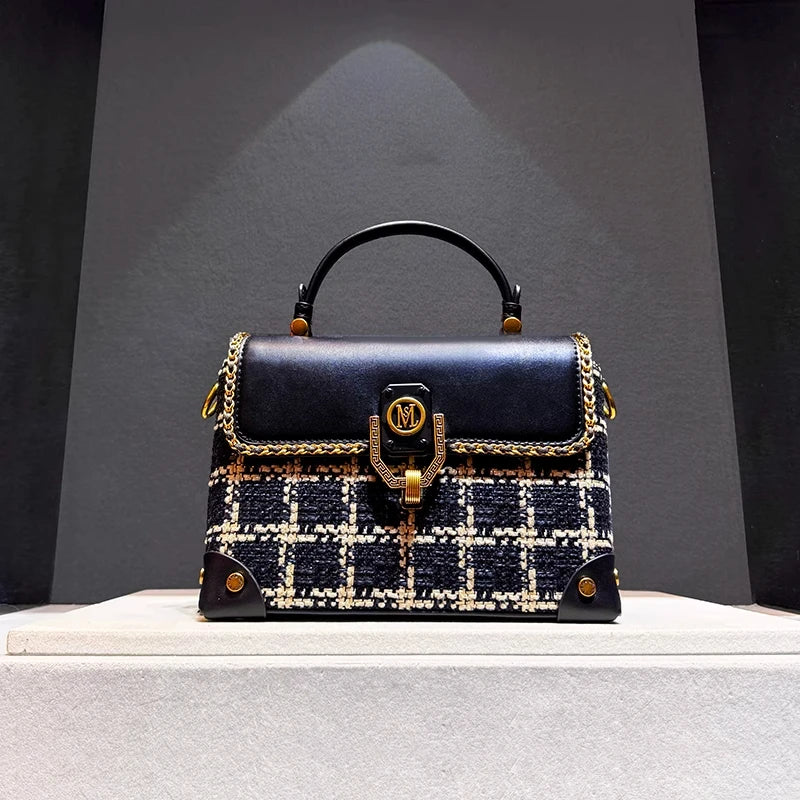 Leather Plaid Structured Crossbody Box Bag — Black | KIMLUD