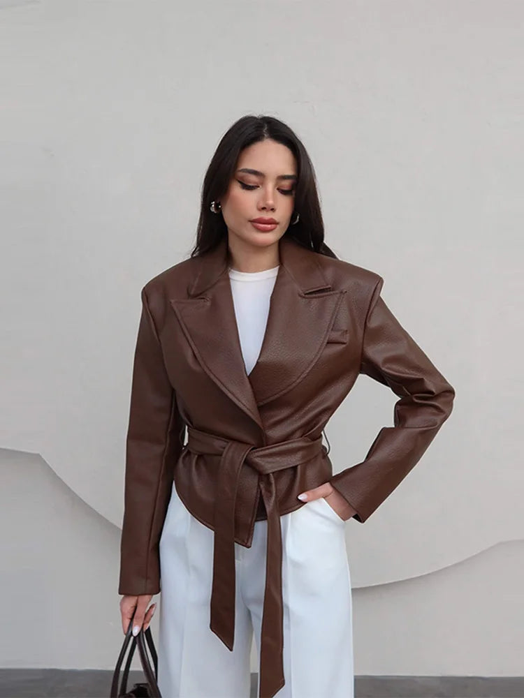 Vintage Pu Leather Belted Jackets Women's Slim Full Sleeve Lapel Short Overcoat 2025 New Autumn Winter Ladies Solid Streetwear
