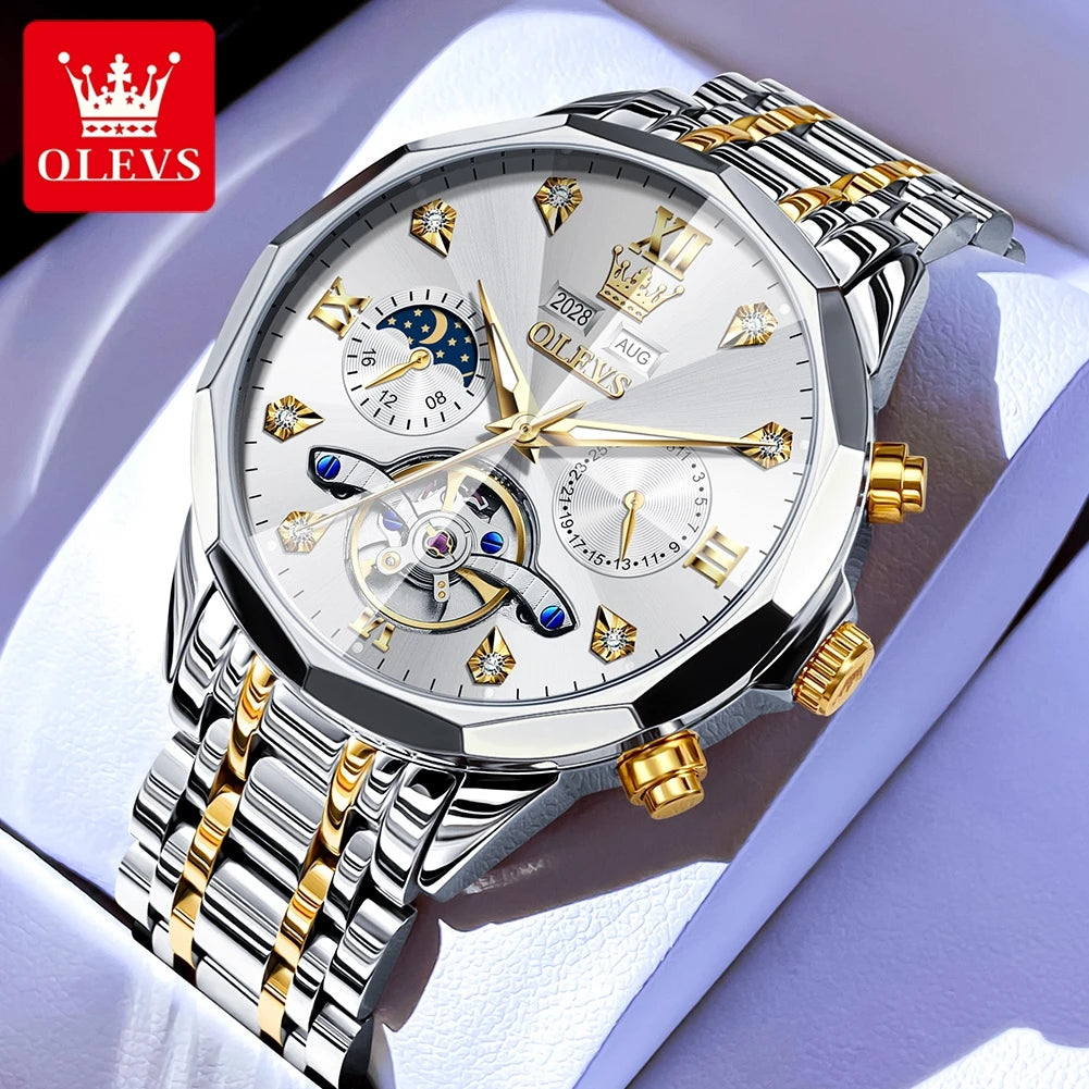 OLEVS Original Brand Men's Watches Skeleton Luminous Moon Phase Automatic Mechanical Watch Prism Mirror Fashion Top Wristwatch
