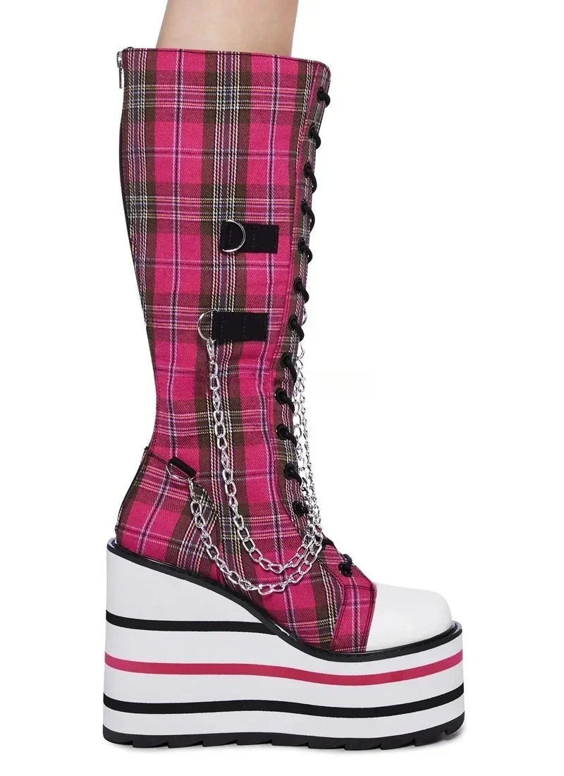 Canvas red Check Platform Knee high Boots Women Metal Chain Round Toe Wedges Cross Tied Lolita Heighten Shoes Lovely Sexy Boots