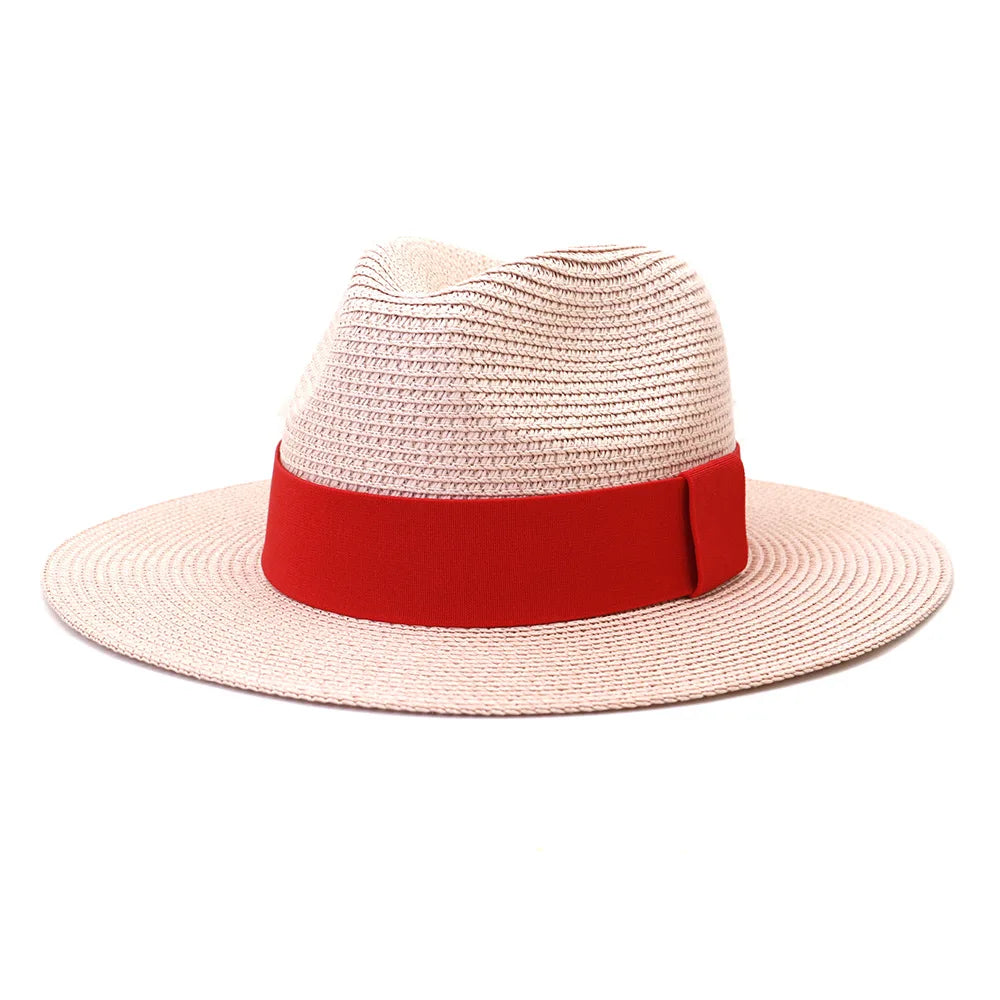 Fashion Summer Casual Unisex Beach Wide Brim Jazz Sun Hat Panama Hat Paper Straw Women Men Cap with Red Ribbon