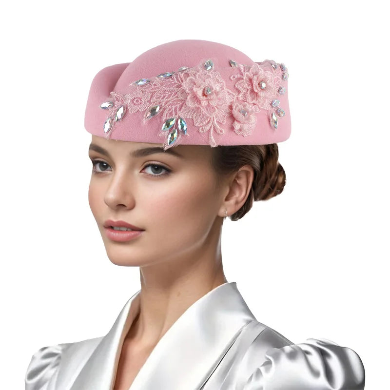 Beret Hat – Flower Embellishment – Polyester – Red and White | KIMLUD