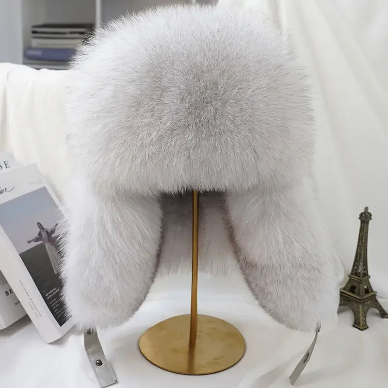 Real Silver Fox Fur Bomber Hat Leather Top — Silver | KIMLUD