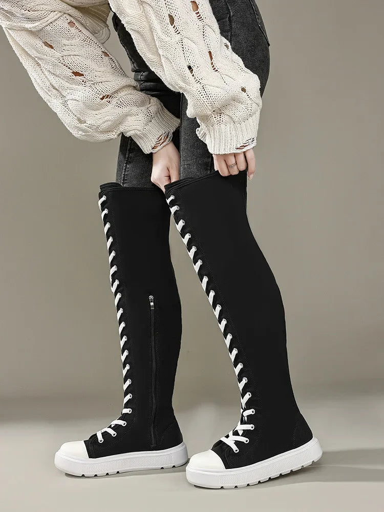 Plus Size Women's Canvas Boots Spring Autumn High Top Side Zipper Simple Long Tube over Knee Shoes Flat Heel Adult Footwear
