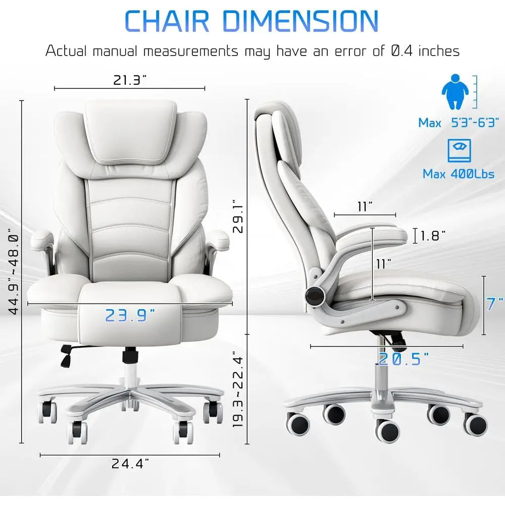 Ergonomic Leather Executive Chair with Wide Seat for 400lb Capacity, High Back and Flip-Up Arms, White