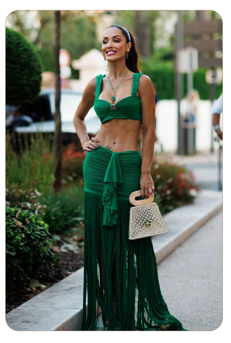 VC Fashion Summer Beach Green Tassel Dress And Cropped Top Set Ruched Waist Design for Vacation Party