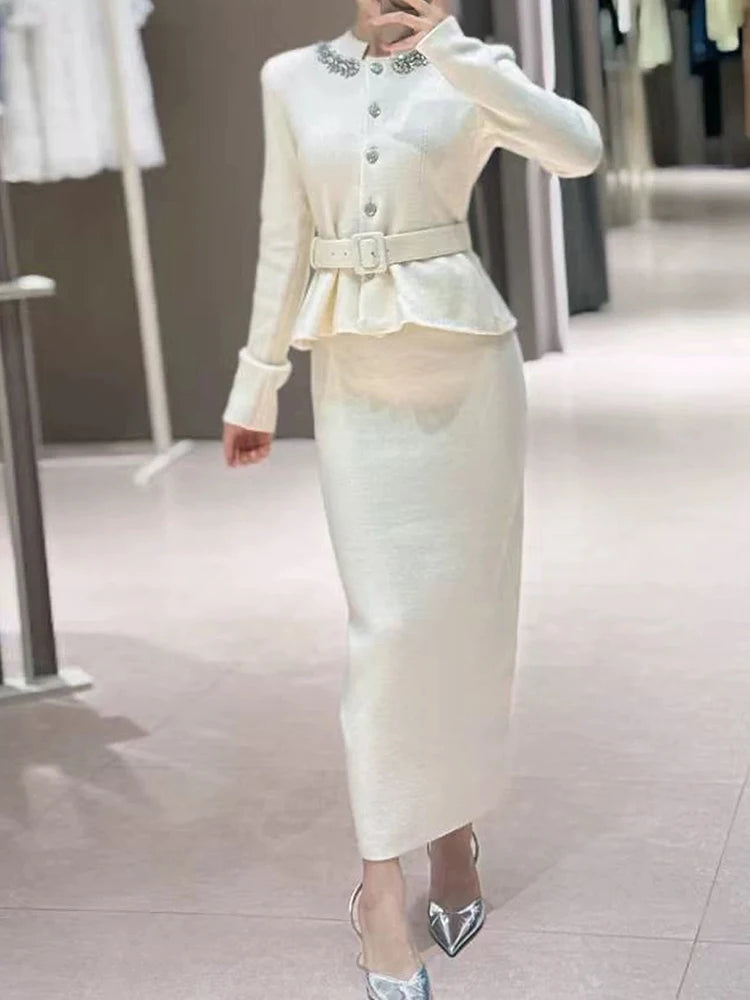 White Knit Two-Piece Style Dress with Rhinestone Button Belt Fitted Long-Length Women's Dress 2025 Fall New Arrival