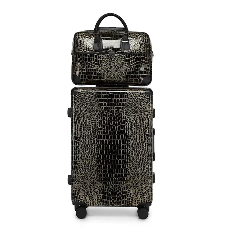 Aluminum Frame Crocodile Print Luggage Set — Black | KIMLUD