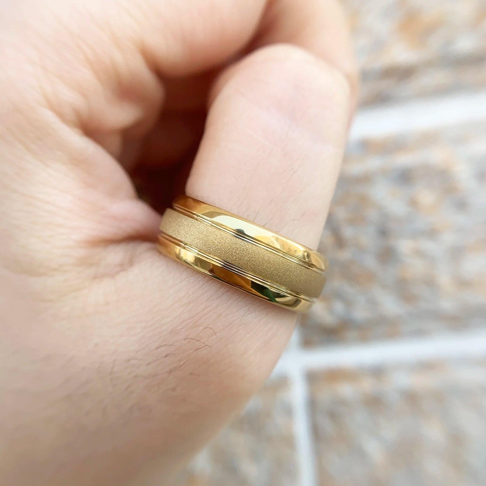 Men's Golden Color Wedding Rings 8mm Tungsten Carbide Frosted Band Charm Jewelry for Men Size 7-13