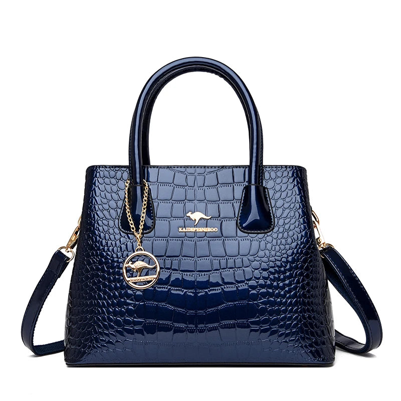 Crocodile Pattern Patent Leather Tote Bag Crossbody Zipper Closure — Black | KIMLUD