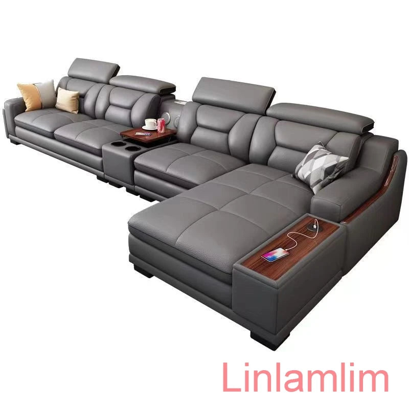 Italian Genuine Leather Sofa Featuring Bluetooth Speaker — Slate Gray | KIMLUD