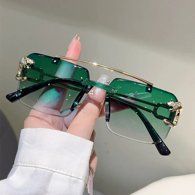 Rimless Sunglasses Square With Gradient Brown-To-Amber Lenses And Adjustable Nose Pads — Black | KIMLUD