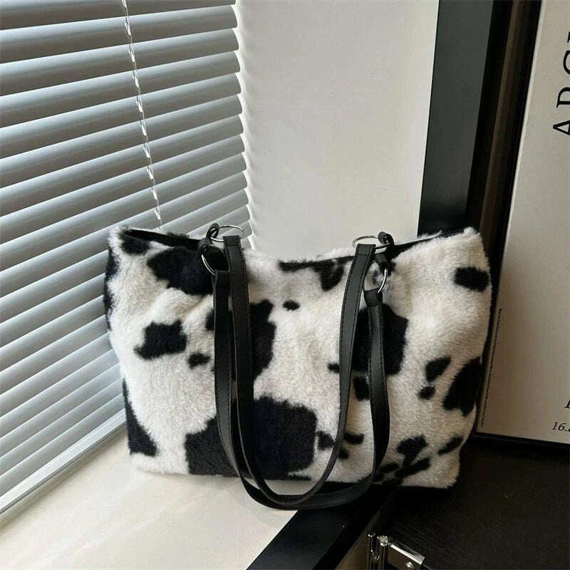 KIMLUD, Large Capacity Shopper Bags For Women Winter Travel Tote Bag Cow Printing Plush Shoulder Bag Ladies Handbag Designer Bolsos, KIMLUD Womens Clothes
