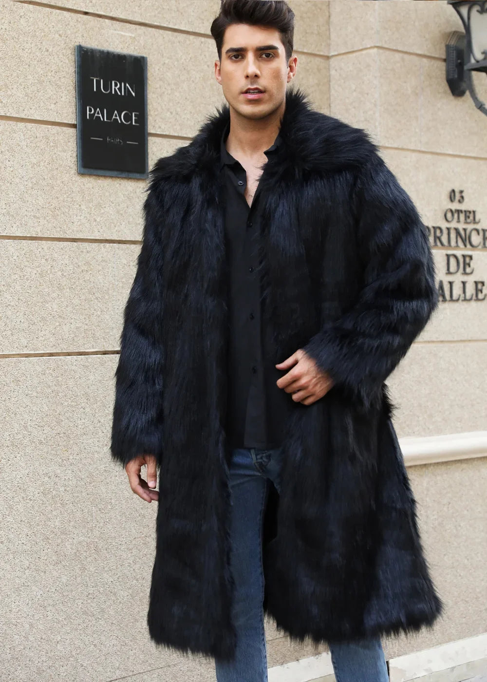 Men's Faux Fur Coat - Long Coat - Faux Fur | KIMLUD