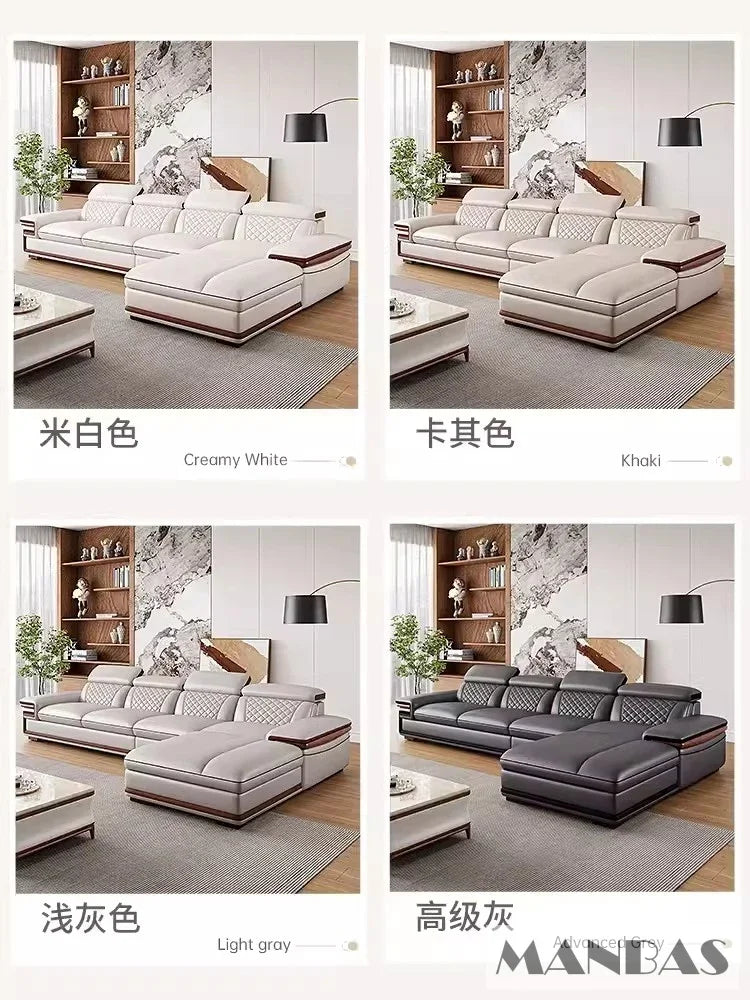 Genuine Italian Leather Sofa Set With Adjustable Headrests — Ivory | KIMLUD