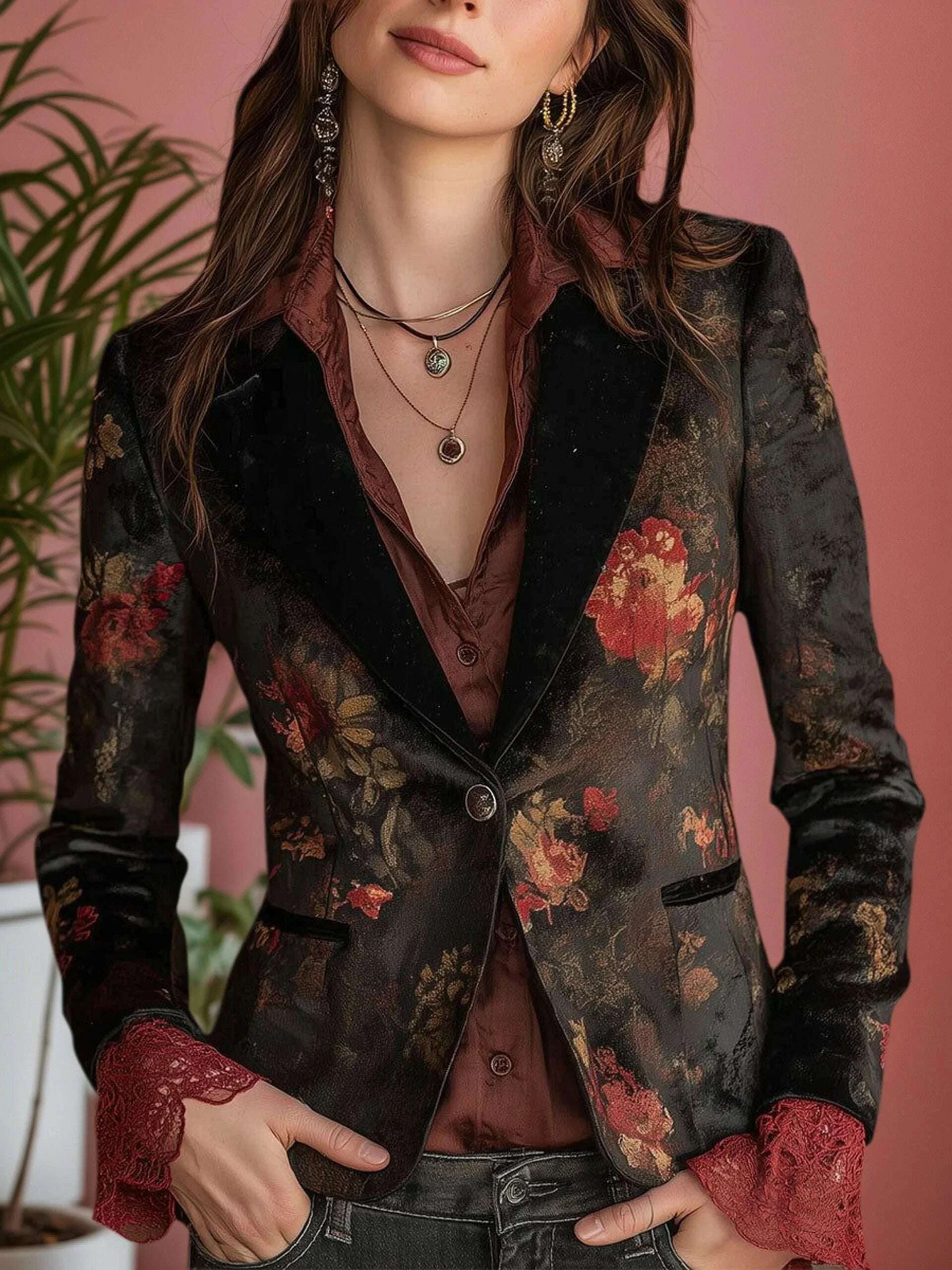 KIMLUD, Women's Velvet Floral Jacket Retro Notched Collar Single Button Streetwear Vintage Casual Autumn Blazer Jackets for Women, KIMLUD Womens Clothes