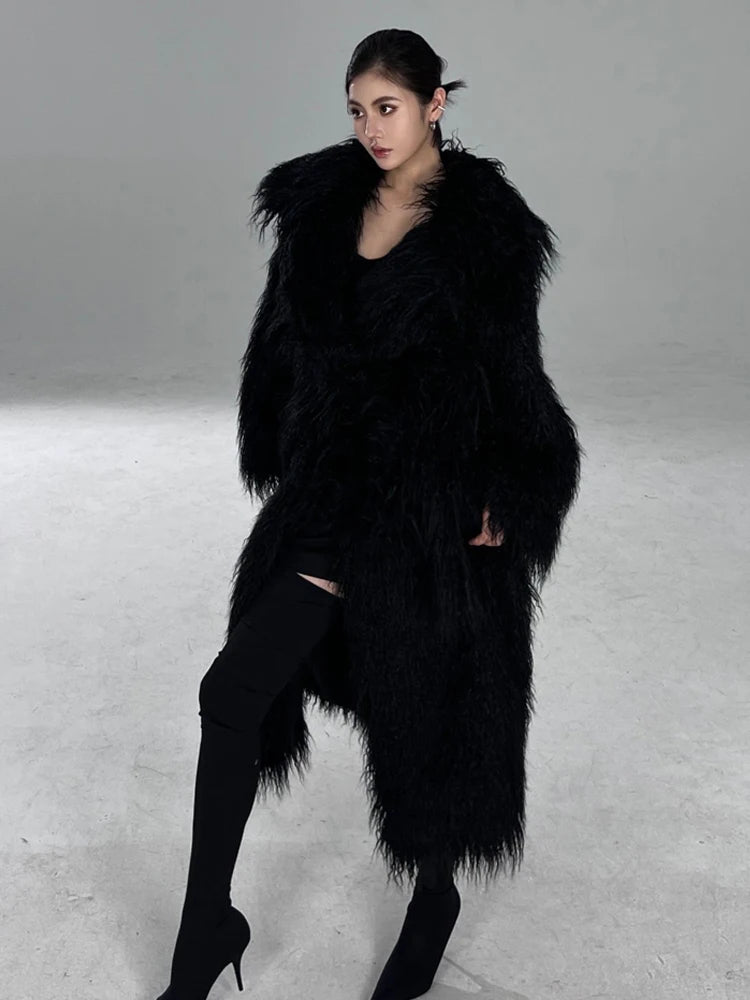 Lautaro Winter Long Black Hairy Shaggy Thick Warm Soft Fluffy Faux Fur Coat Women Sashes Luxury Designer Overcoat Runway Fashion