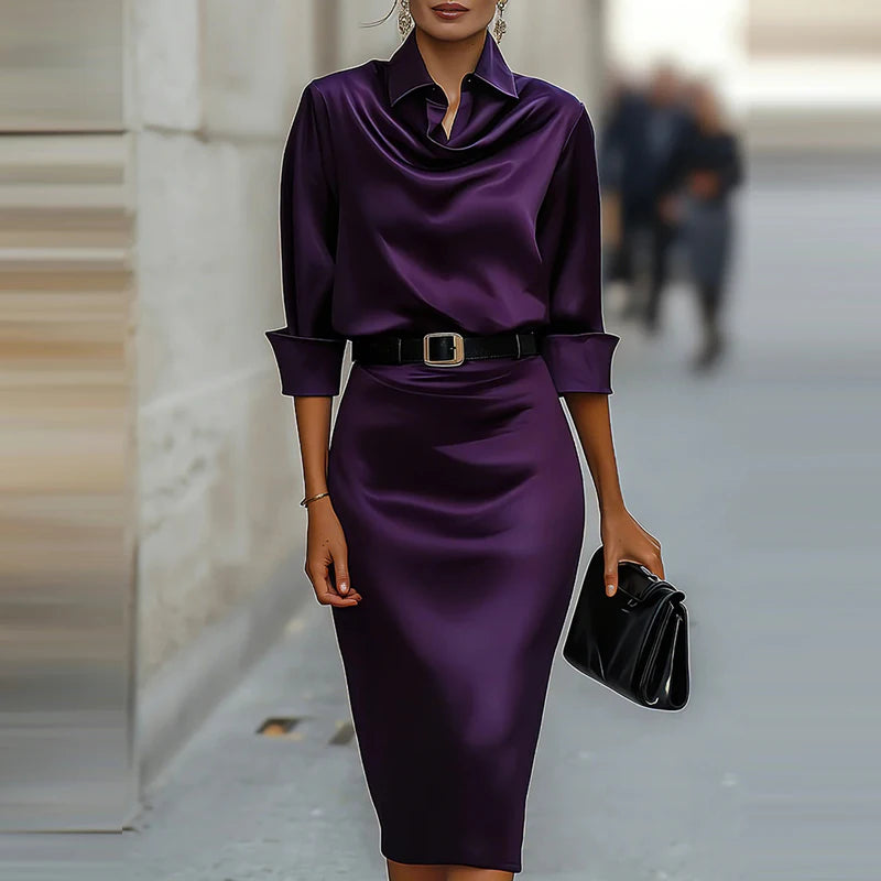 Long Sleeve Dress – Cinched Waist – Polyester | KIMLUD