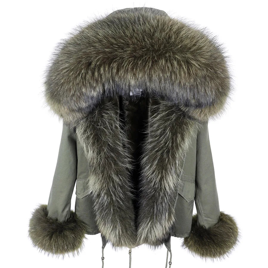 MAOMAOKONG Winter Clothes Women Natural Fur Coat Real Raccoon Fur Collar Parkas Remove Faux Fur Lining Warm Thick Short Jacket