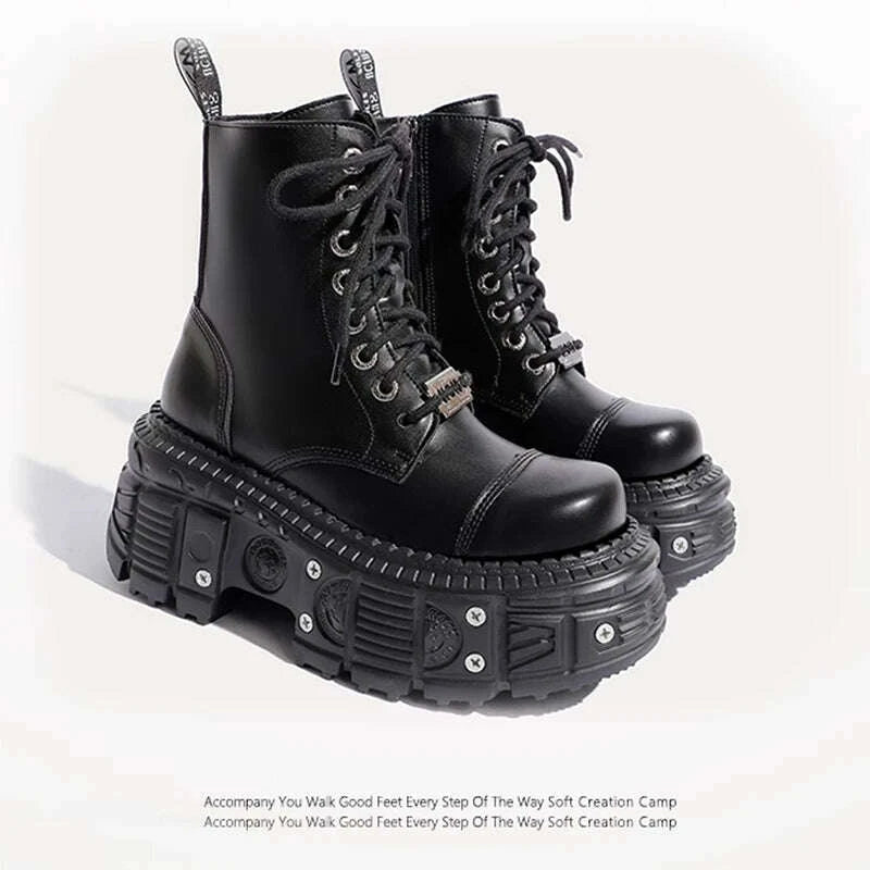 KIMLUD, Women Punk Boots Platform Personalized Design Shoes Leather Cool Boots Retro Chunky High Quality Lace Up Casual Outdoor Shoes 42, KIMLUD Womens Clothes