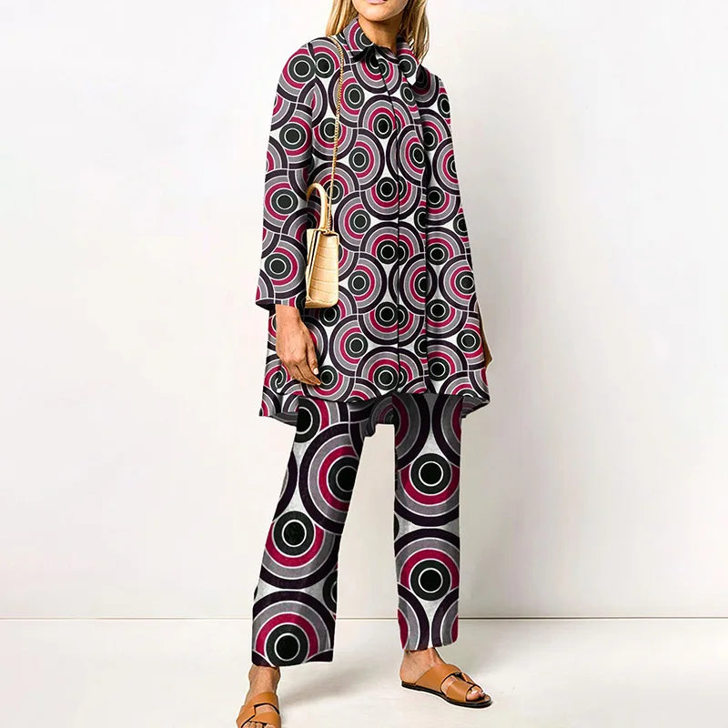Two-Piece Set – Printed Autumn Vintage – Broadcloth – Wide-Leg Pants | KIMLUD