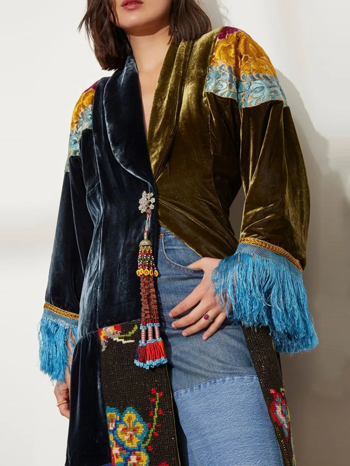 Coat - Velvet Tassel Jacquard 2D Printed - Polyester | KIMLUD
