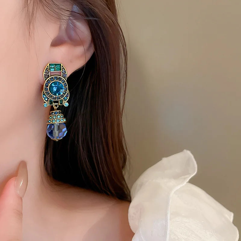 Crystal Water Drop Clip Earrings Round Rhinestones — Vintage Blue | KIMLUD
