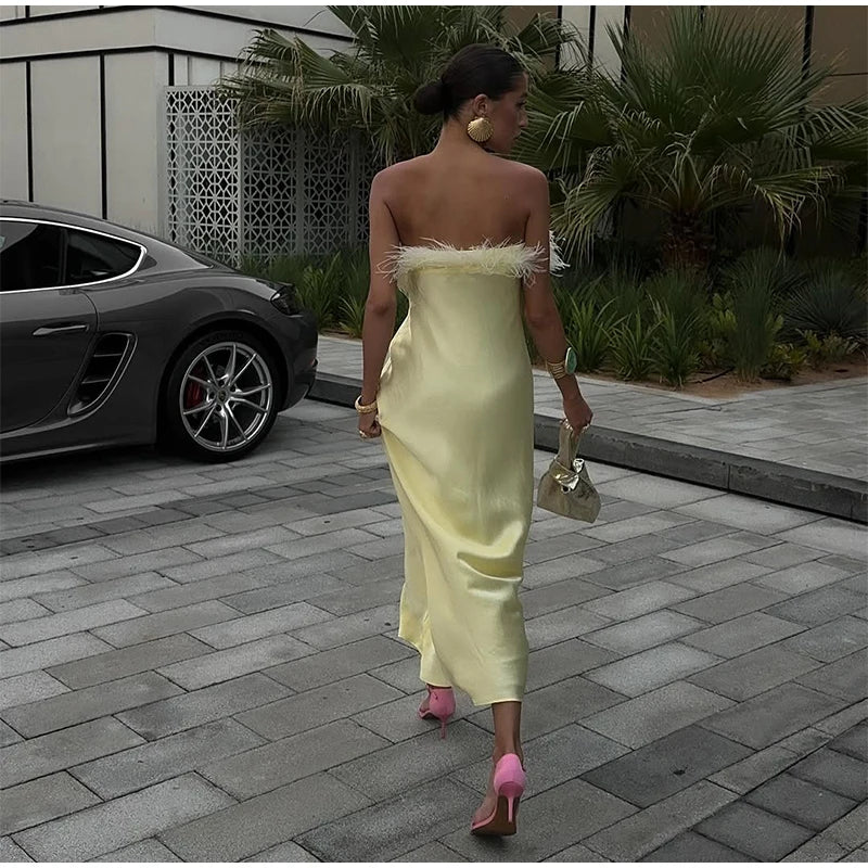 Women's Feather Strapless Dress Fashionable Sleeveless Backless Satin High Waisted Dresses 2026 Party Banquet Women's Gown