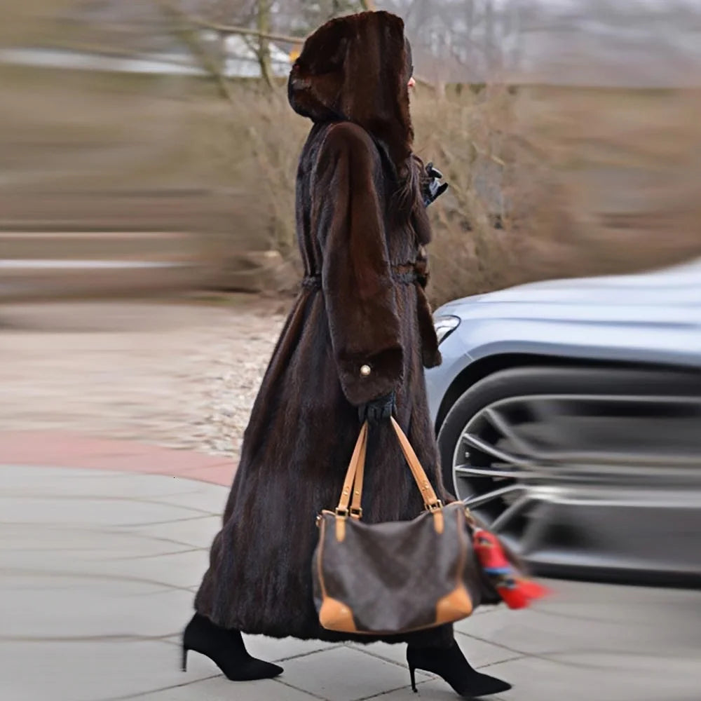 Faux Mink Fur Hooded Coat – Belted – Long Length – Dark Brown | KIMLUD