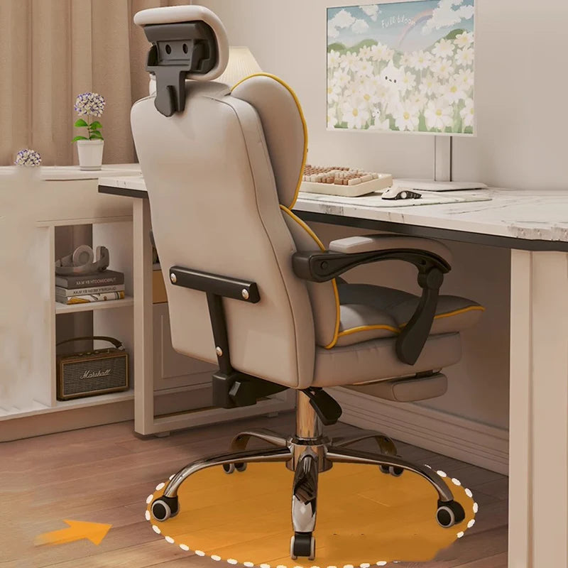 PU Leather Ergonomic Office Chair On Wheels Blush Piping — Cream Ivory | KIMLUD
