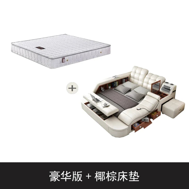 Genuine Leather Bed Tech Smart Multifunctional Massage, Bluetooth Speaker, Air Cleaner — White | KIMLUD