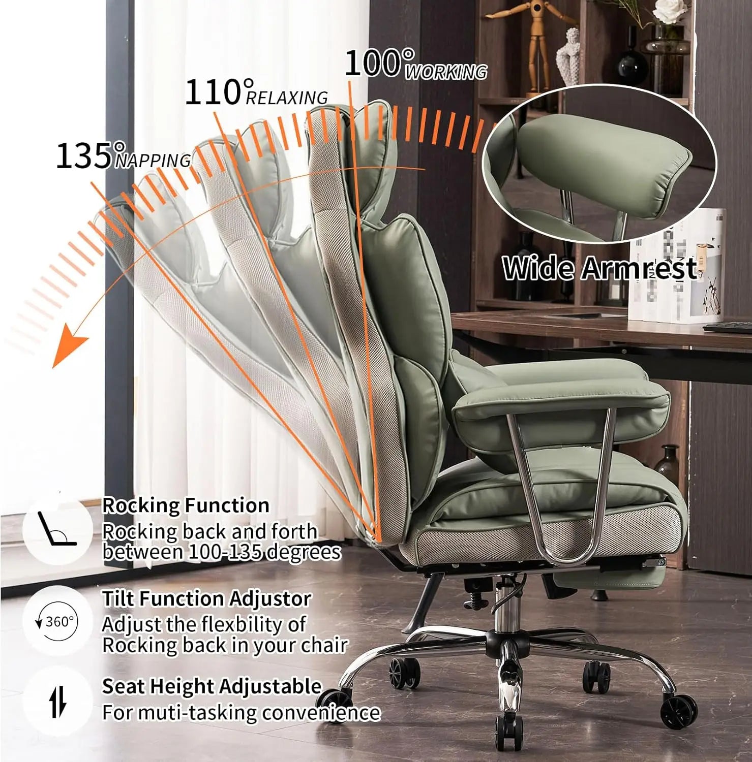 Heavy-Duty Executive Office Chair with Footrest - 400lbs Capacity, Reclining Back, Light Green Leather