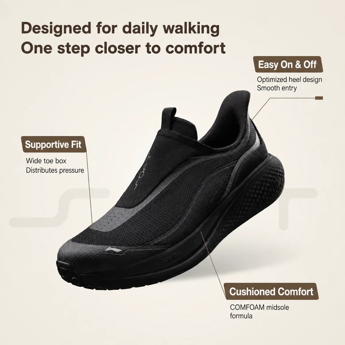Li-Ning Men's SOFT GO 3 SLIP ON Lifestyle Shoes COMFOAM Breathable Wear-resistant Walking Shoes LiNing Casual Sneakers AGLW009