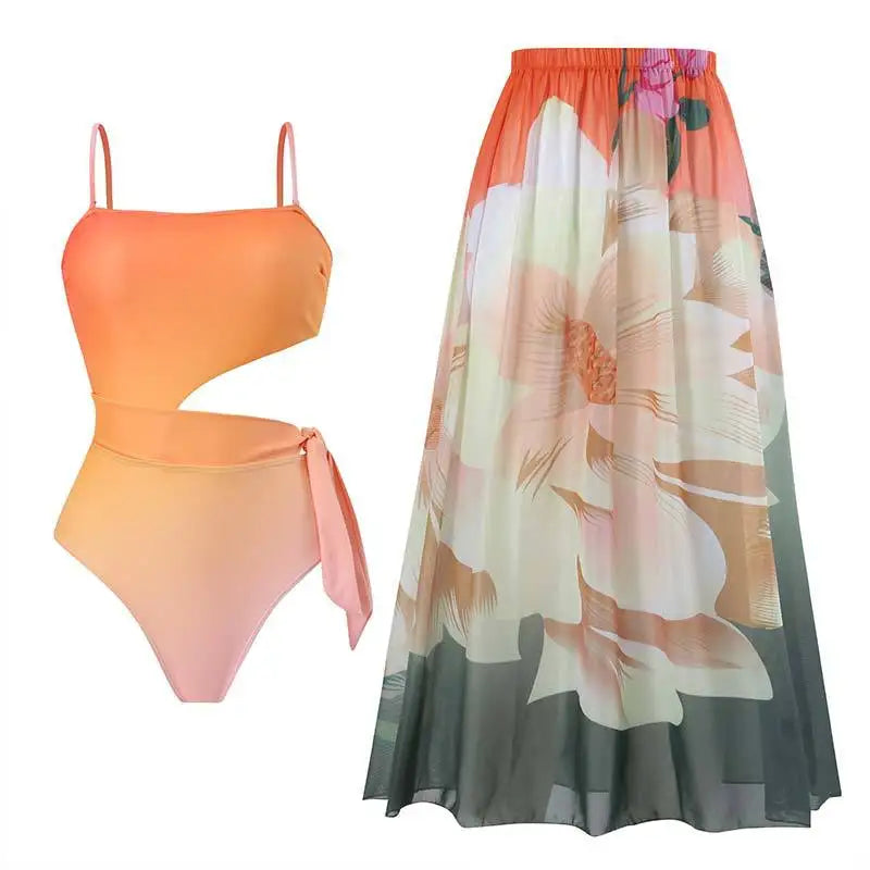 Halter Floral One Piece Swimsuit Skirt — Green | KIMLUD