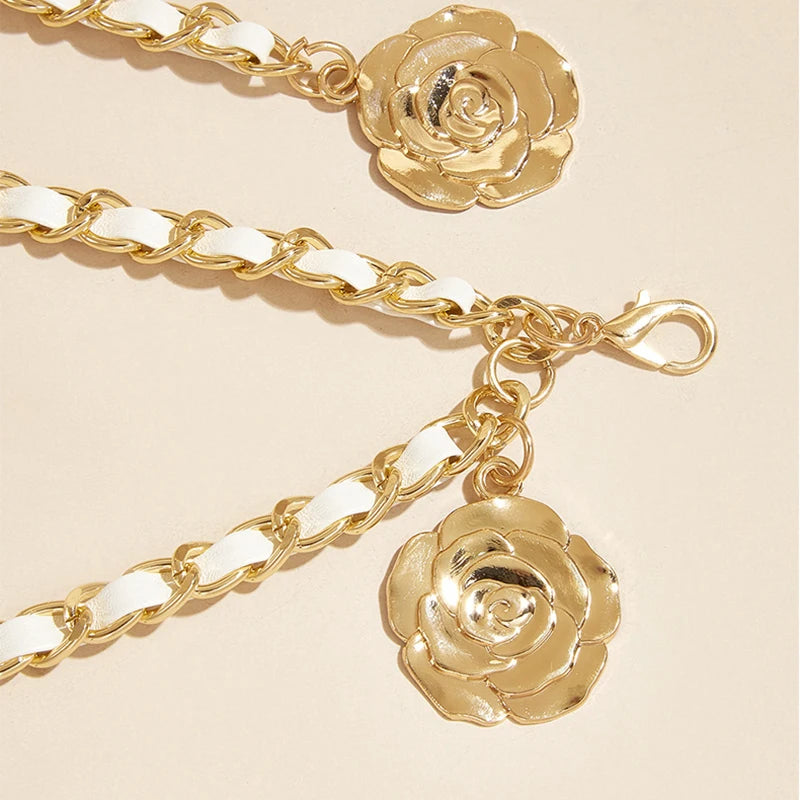 Metal Waist Chain Belt With Circular Flower Pendant And Fine Chain Strap — Gold | KIMLUD