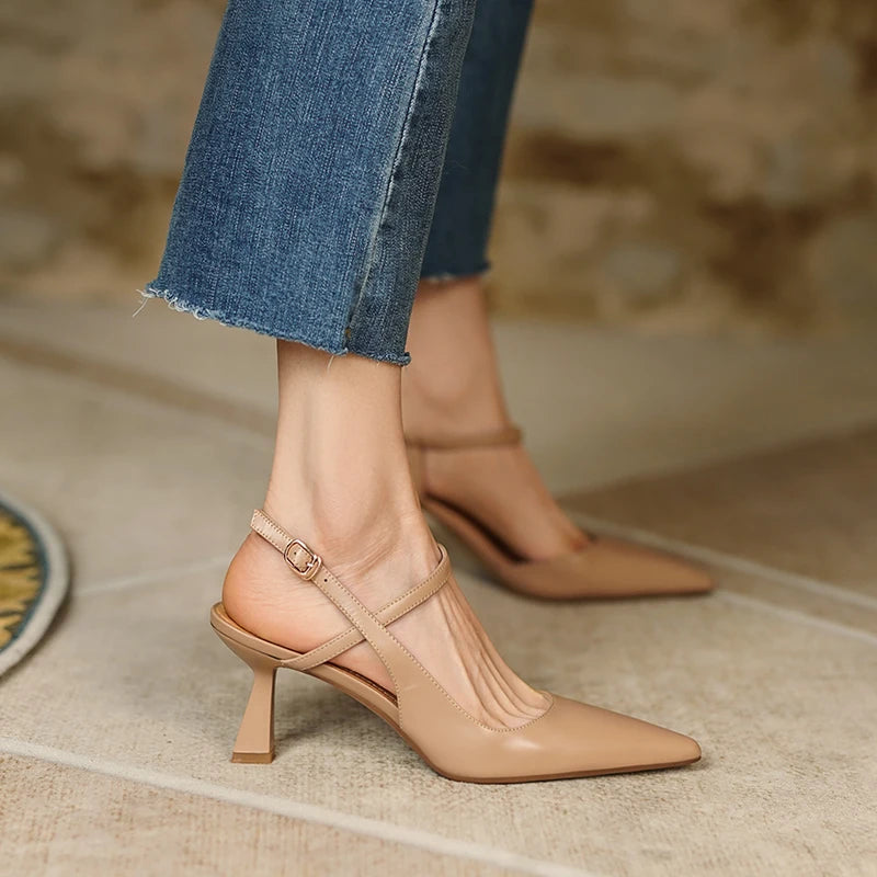 Genuine Leather Slingback Shoes Pointed Toe High Heels — Black | KIMLUD