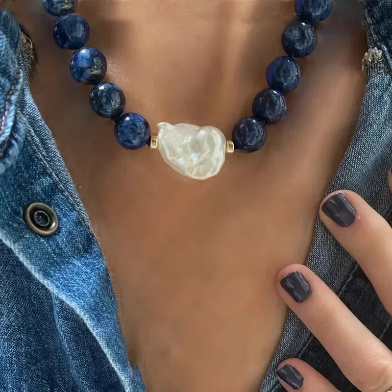Pendant Necklace – Freshwater Pearl Coin Pendant – Choker – Turquoise | KIMLUD