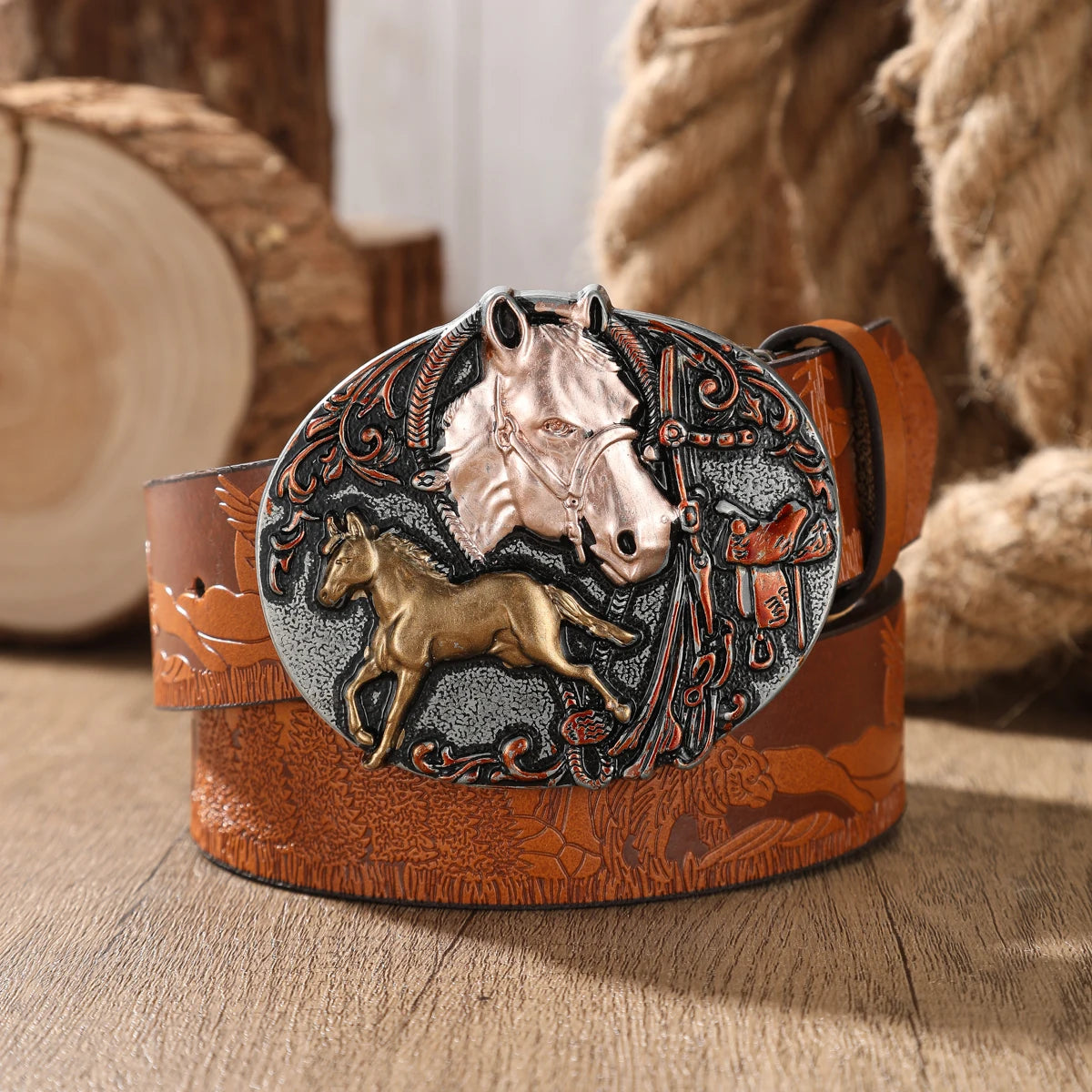 Retro Western PU Embossed Buckle Belt — Brown | KIMLUD