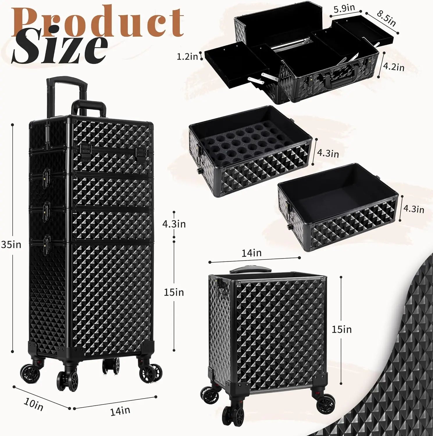 Rolling Plastic Travel Suitcases 4-In-1 Cosmetology Case Wheels — Black | KIMLUD