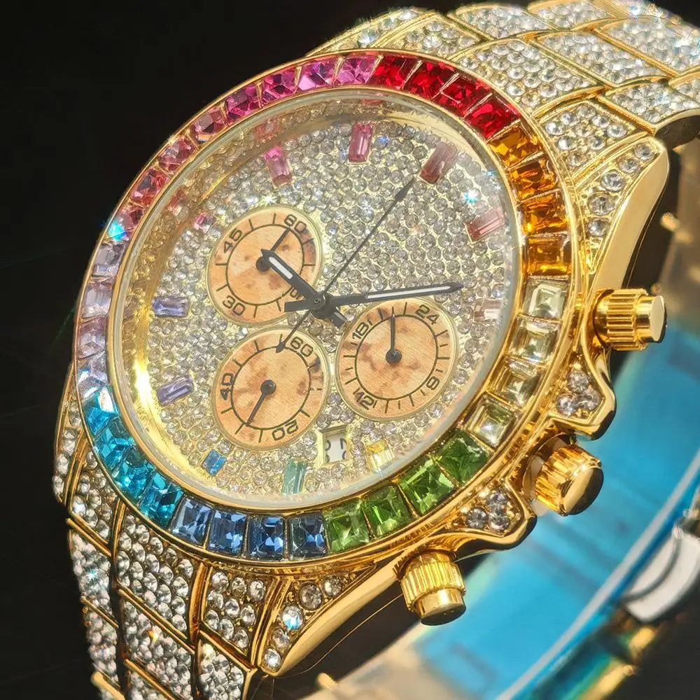 Gold Stainless Steel Watch Rainbow Diamond — Gold | KIMLUD