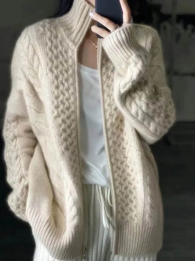 Autumn And Winter New Thick Turtleneck Knitted Cardigan Women's Loose Wool Sweater Cardigan Larg Size Female Jacket Top