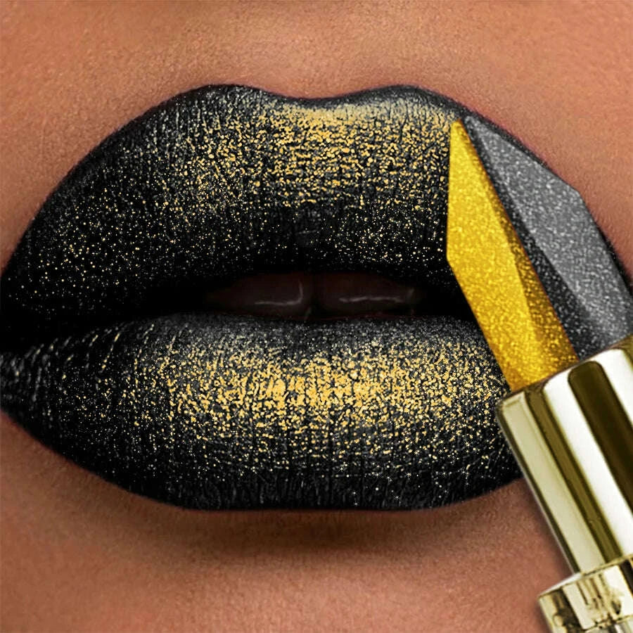 KIMLUD, 1pc Two-tone Color Glitter Lipstick Non-stick Cup Matte Black&yellow Lip or Eye Makeup Diamond Lipstick or for Eye Shadow Gifts, KIMLUD Womens Clothes