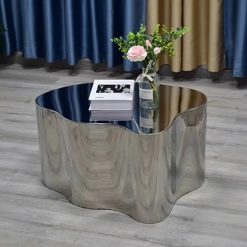 Industrial Metal Coffee Table Sculptural — Brushed Stainless Steel | KIMLUD