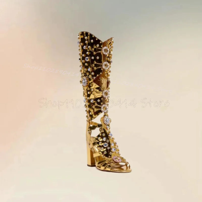 Crystal Flower Decor Gold Hollow Design Sandals Boots Knee High Women Shoes Chunky High Heels Fashion 2024 Zapatos Para Mujere